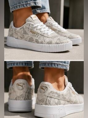 Puma Carina Snakeskin Lux Cream and gray sneakers sz 7